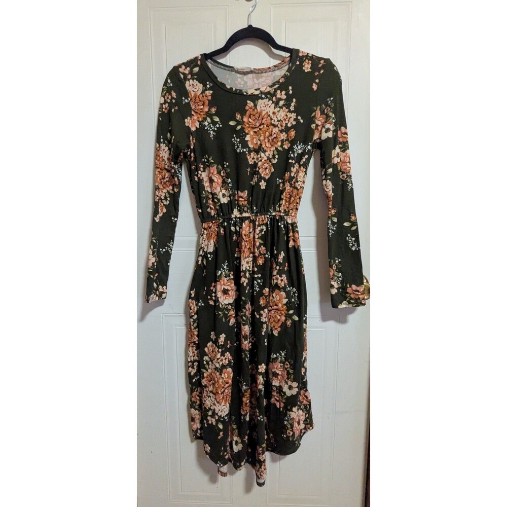 Reborn J Green Floral Dress Round Neck Long Sleeve Smocked Waist S Pockets Soft